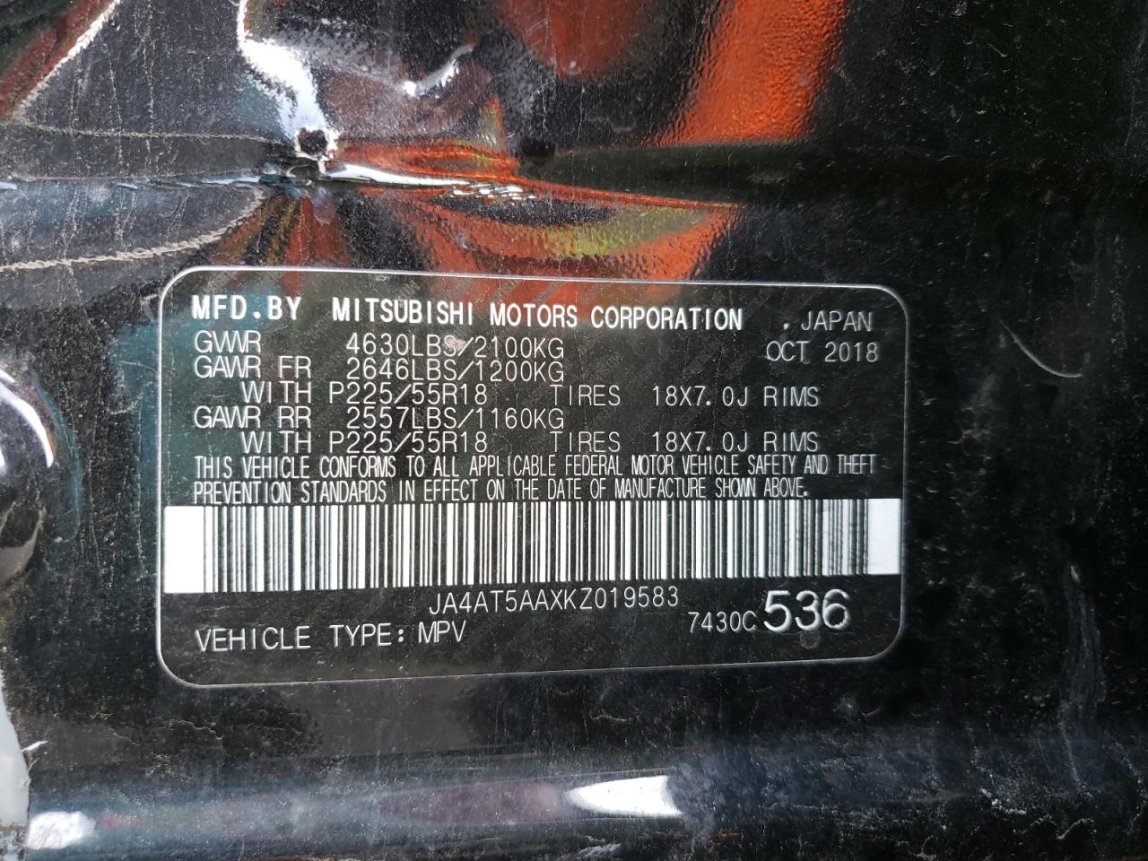 Photo 10 from auction – 2019 MITSUBISHI ECLIPSE CR with VIN JA4AT5AAXKZ019583