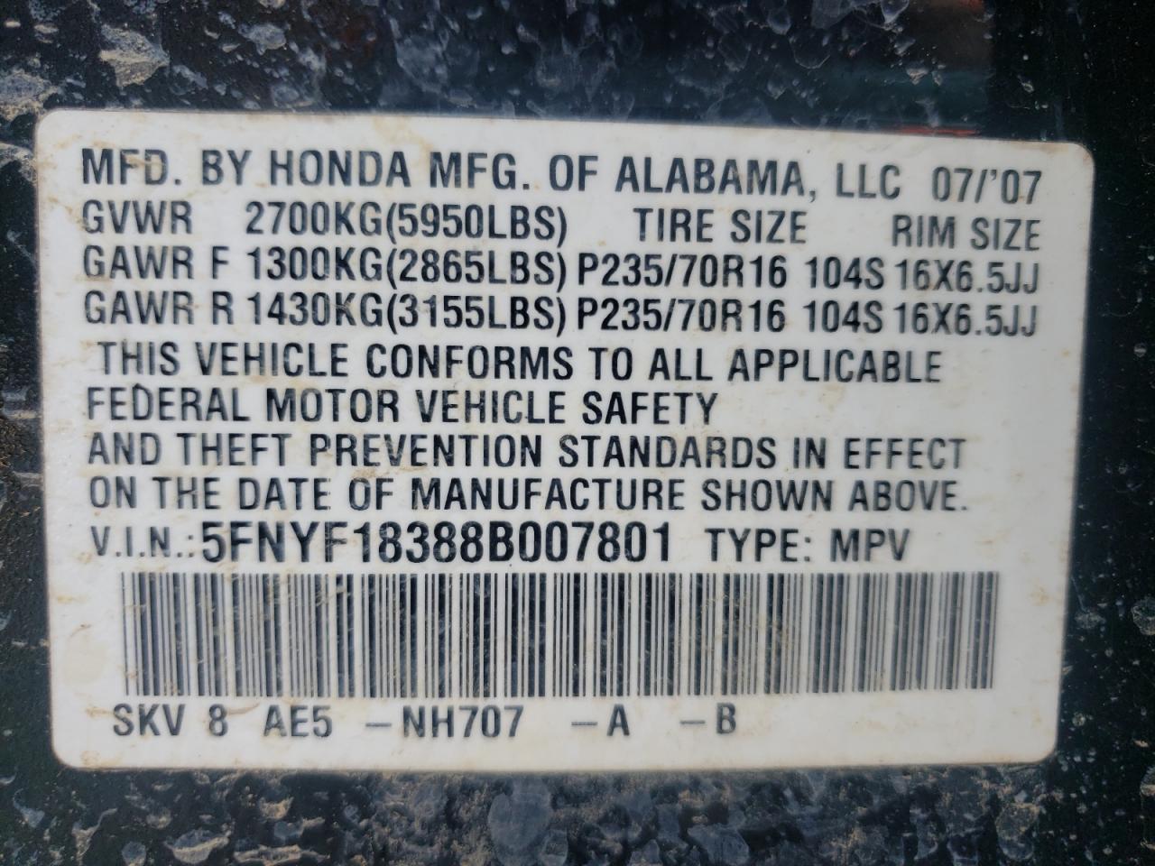 Photo 10 from auction – 2008 HONDA PILOT SE with VIN 5FNYF18388B007801