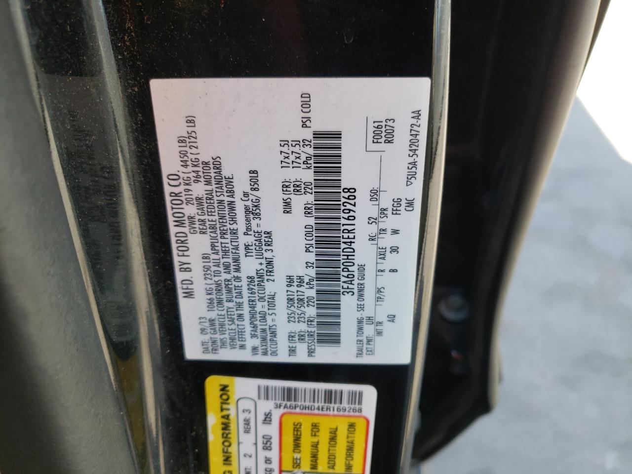 Photo 10 from auction – 2014 FORD FUSION SE with VIN 3FA6P0HD4ER169268