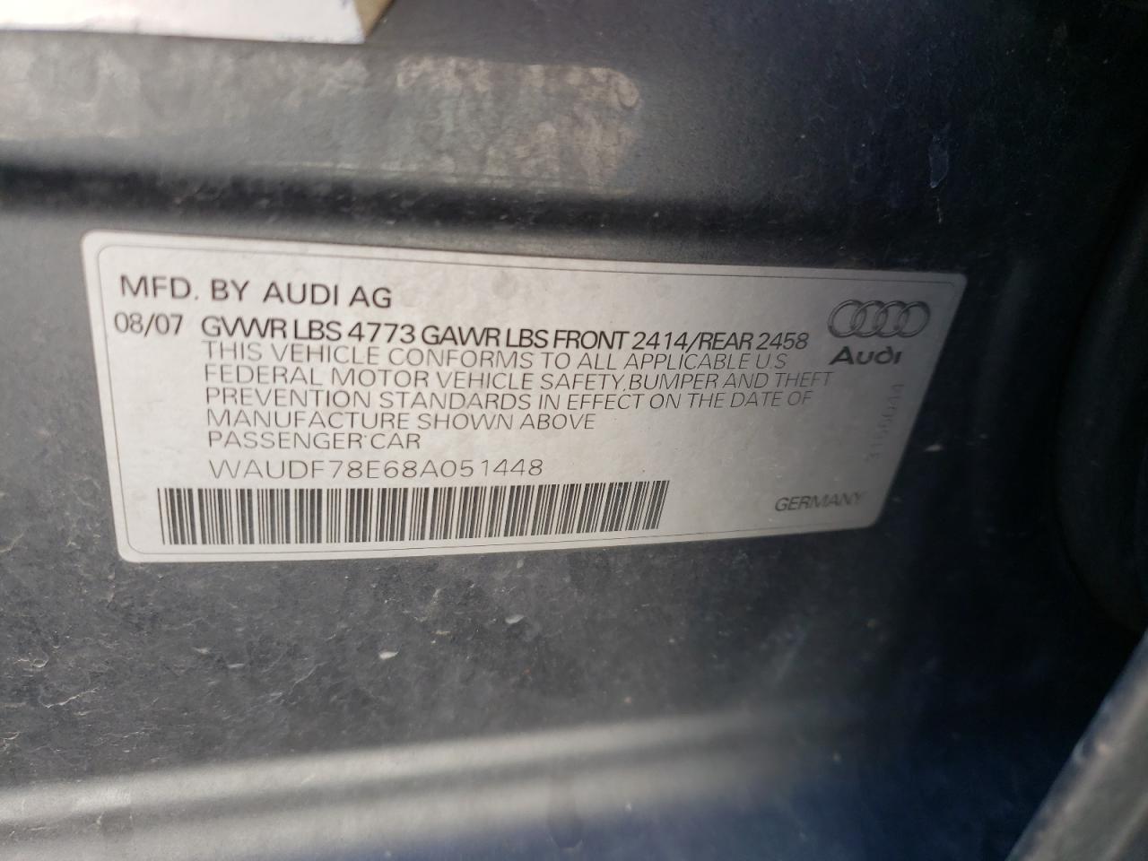 Photo 10 from auction – 2008 AUDI A4 2.0T QU with VIN WAUDF78E68A051448