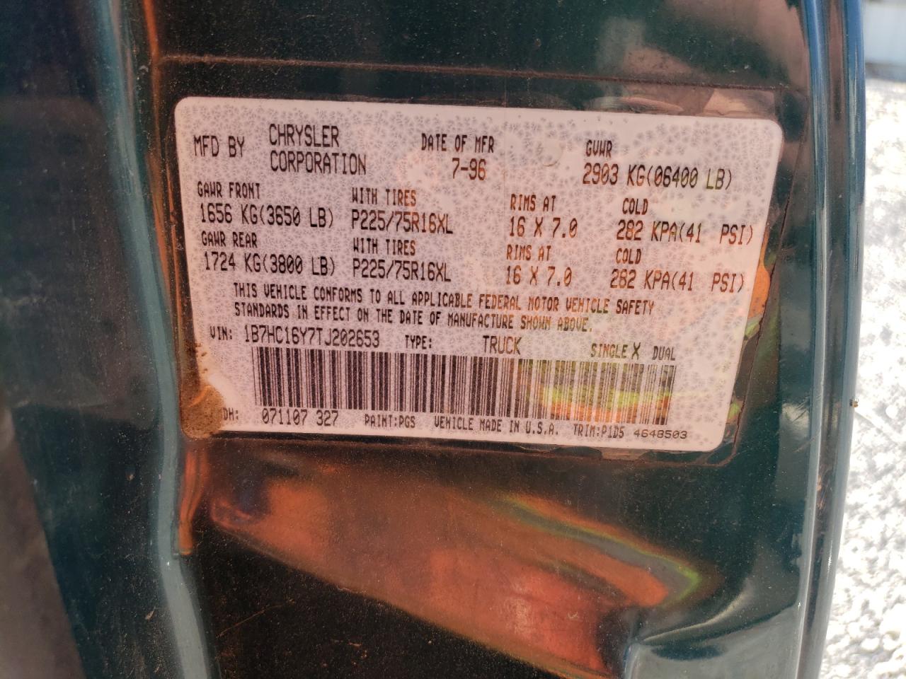 Photo 10 from auction – 1996 DODGE RAM 1500 with VIN 1B7HC16Y7TJ202653