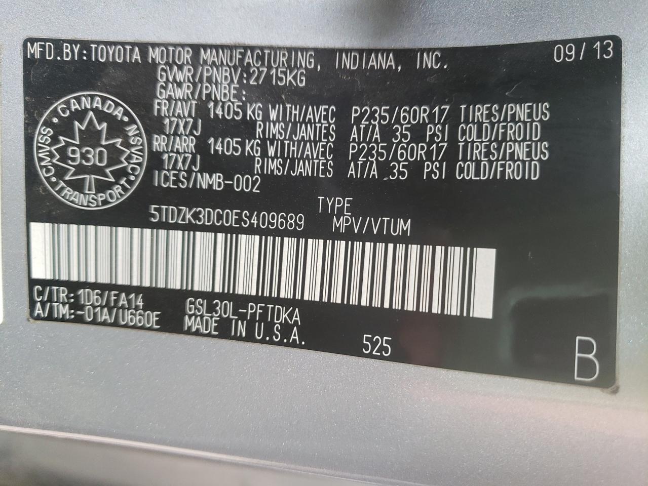 Photo 10 from auction – 2014 TOYOTA SIENNA with VIN 5TDZK3DC0ES409689
