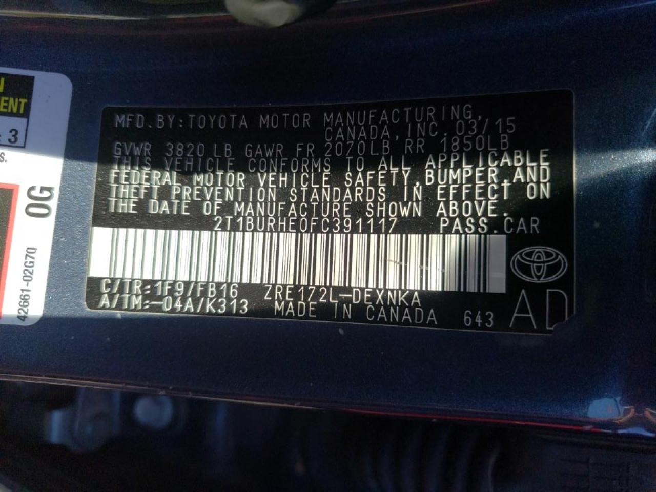 Photo 10 from auction – 2015 TOYOTA COROLLA L with VIN 2T1BURHE0FC391117