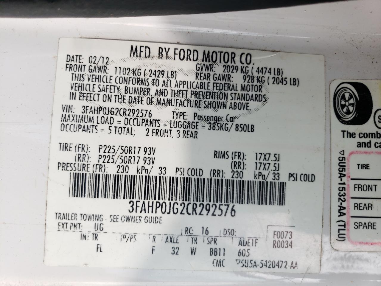 Photo 10 from auction – 2012 FORD FUSION SEL with VIN 3FAHP0JG2CR292576