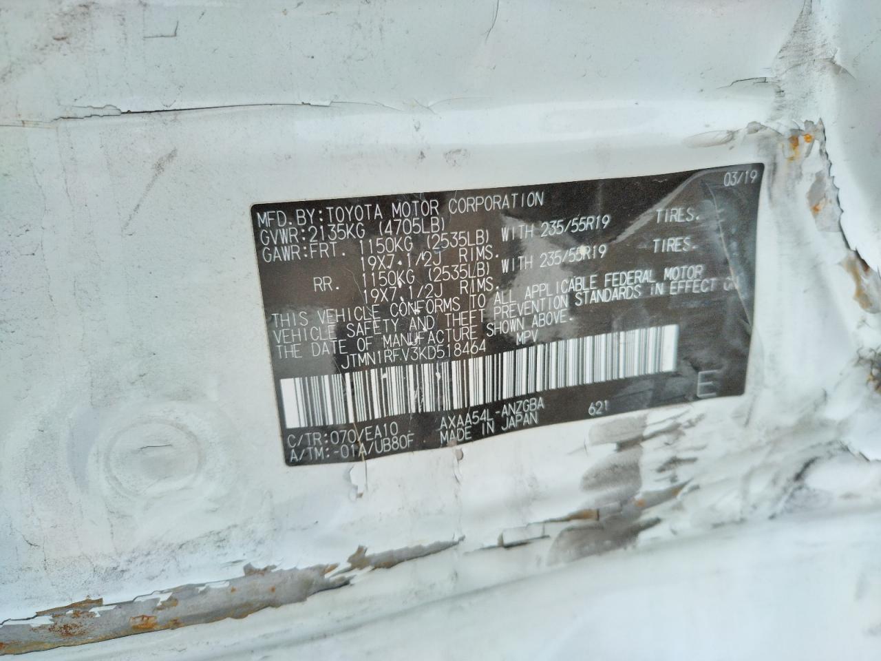 Photo 10 from auction – 2019 TOYOTA RAV4 LIMIT with VIN JTMN1RFV3KD518464