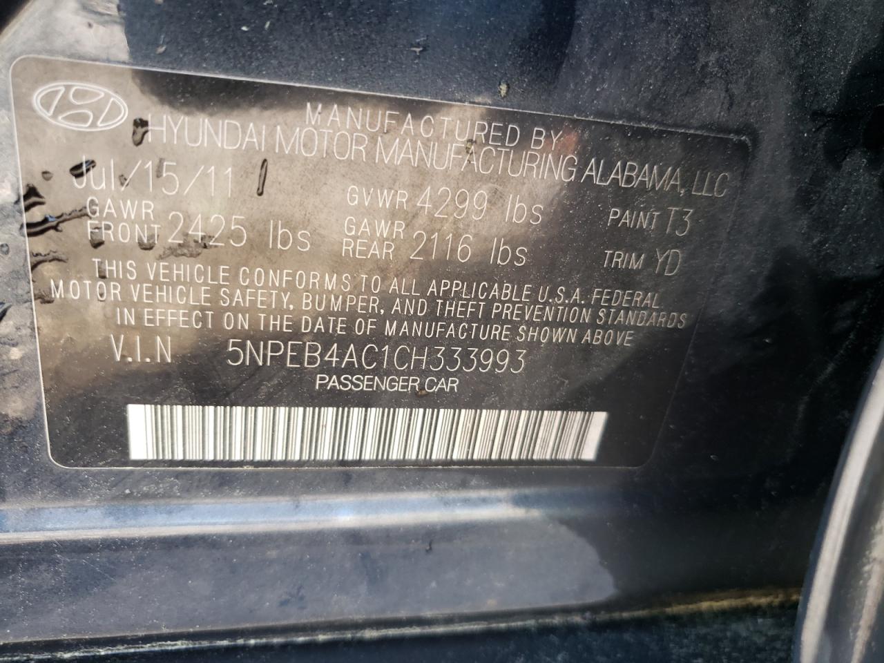 Photo 10 from auction – 2012 HYUNDAI SONATA GLS with VIN 5NPEB4AC1CH333993