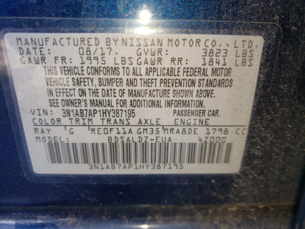 Photo 10 from auction – 2017 NISSAN SENTRA with VIN 3N1AB7AP1HY387195