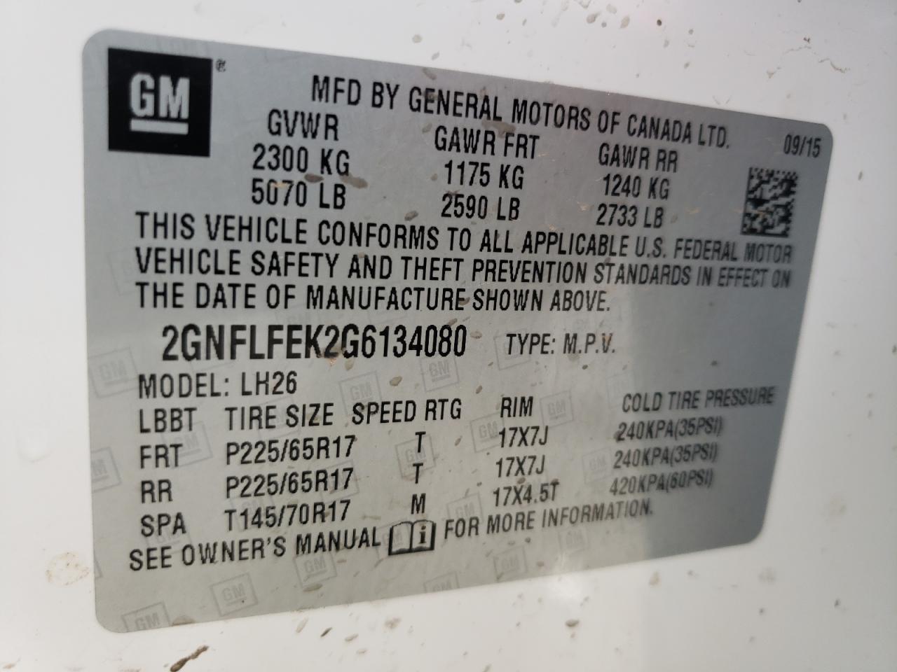 Photo 10 from auction – 2016 CHEVROLET EQUINOX LT with VIN 2GNFLFEK2G6134080