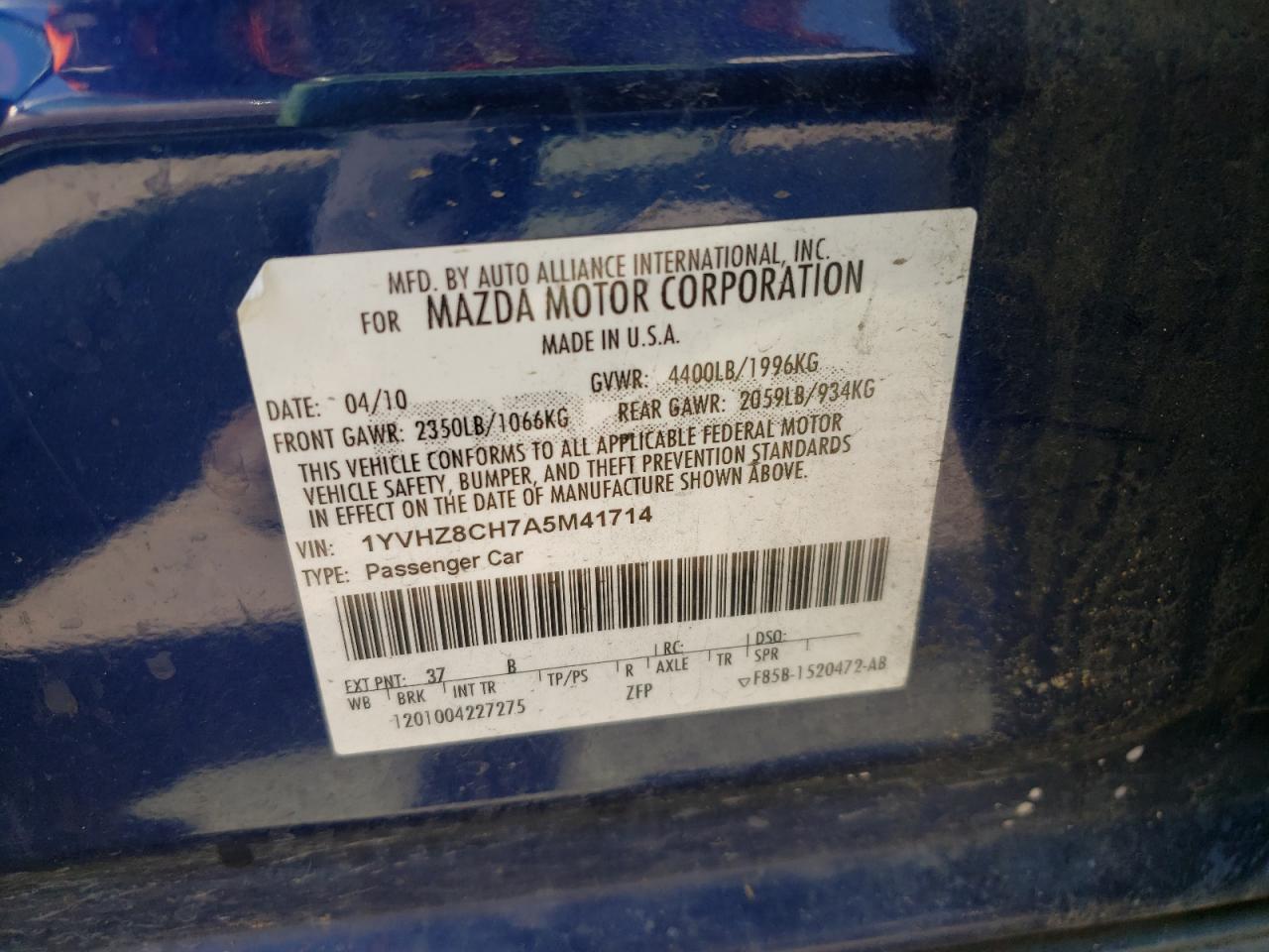 Photo 10 from auction – 2010 MAZDA 6 I with VIN 1YVHZ8CH7A5M41714
