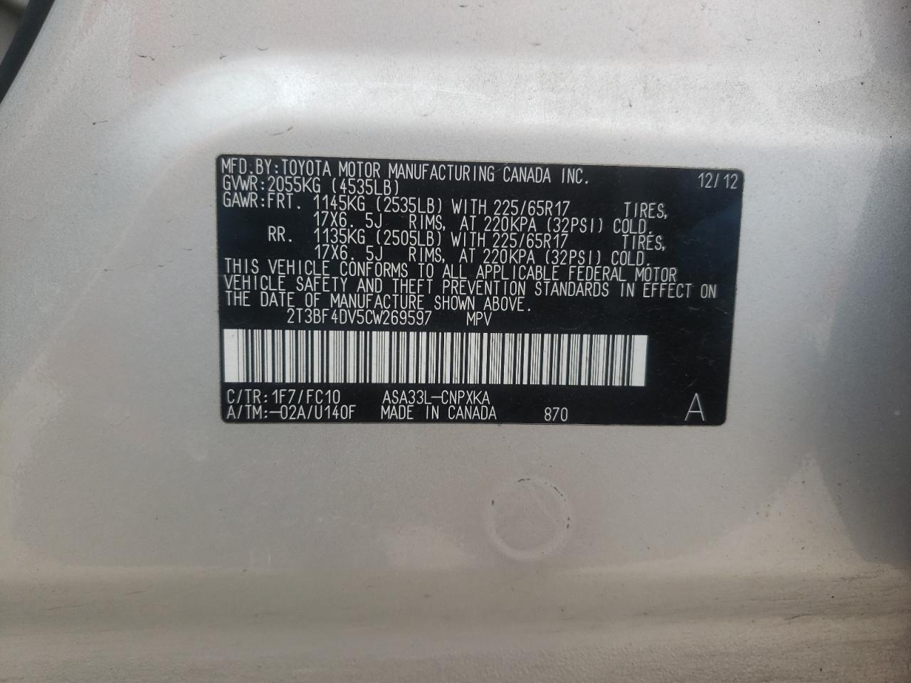 Photo 10 from auction – 2012 TOYOTA RAV4 with VIN 2T3BF4DV5CW269597