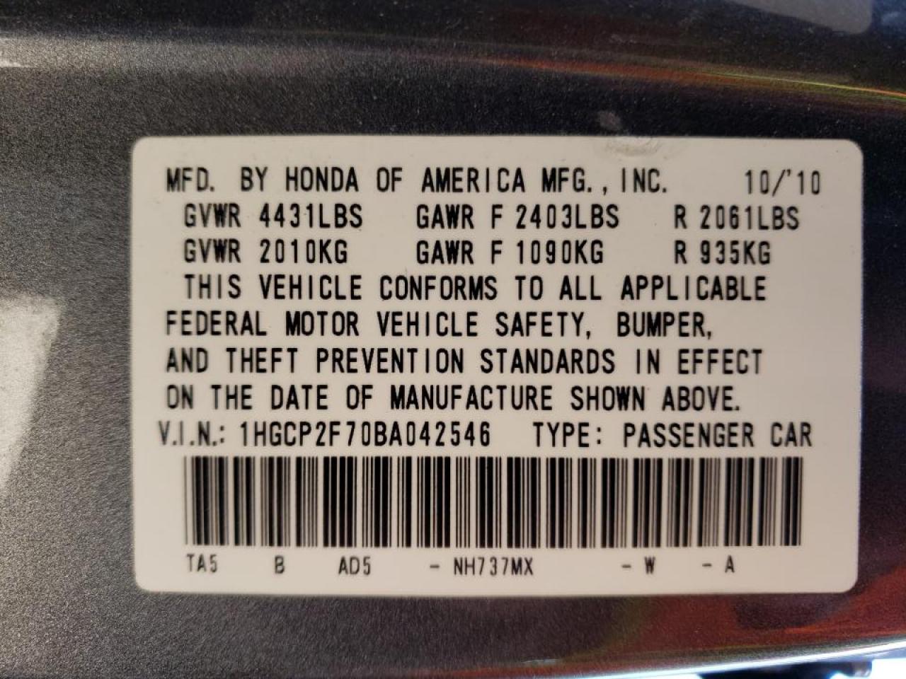 Photo 10 from auction – 2011 HONDA ACCORD EX with VIN 1HGCP2F70BA042546