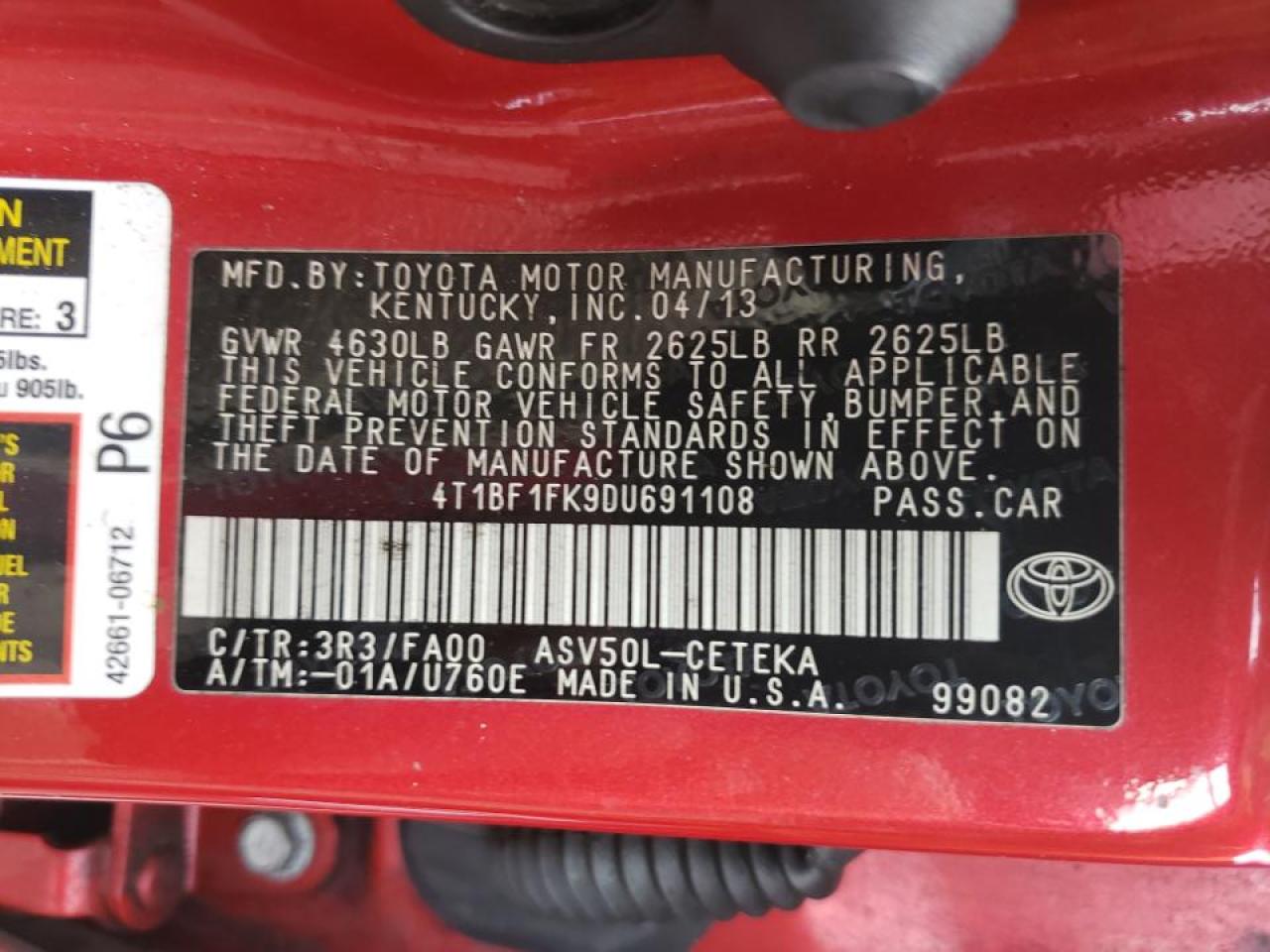 Photo 10 from auction – 2013 TOYOTA CAMRY L with VIN 4T1BF1FK9DU691108