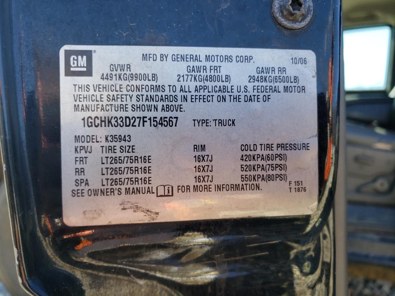 Photo 10 from auction – 2007 CHEVROLET SILVERADO with VIN 1GCHK33D27F154567