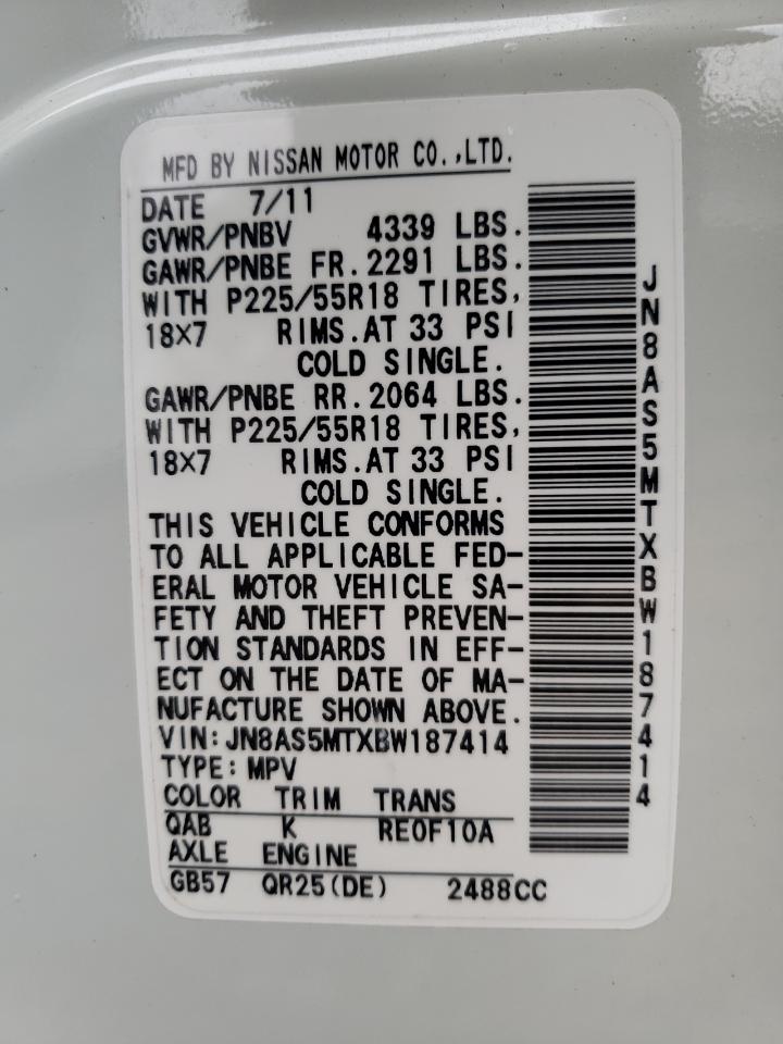Photo 10 from auction – 2011 NISSAN ROGUE S with VIN JN8AS5MTXBW187414