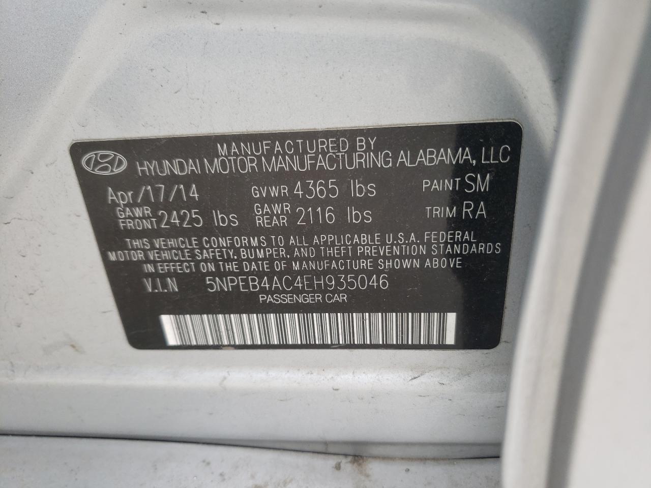 Photo 10 from auction – 2014 HYUNDAI SONATA GLS with VIN 5NPEB4AC4EH935046