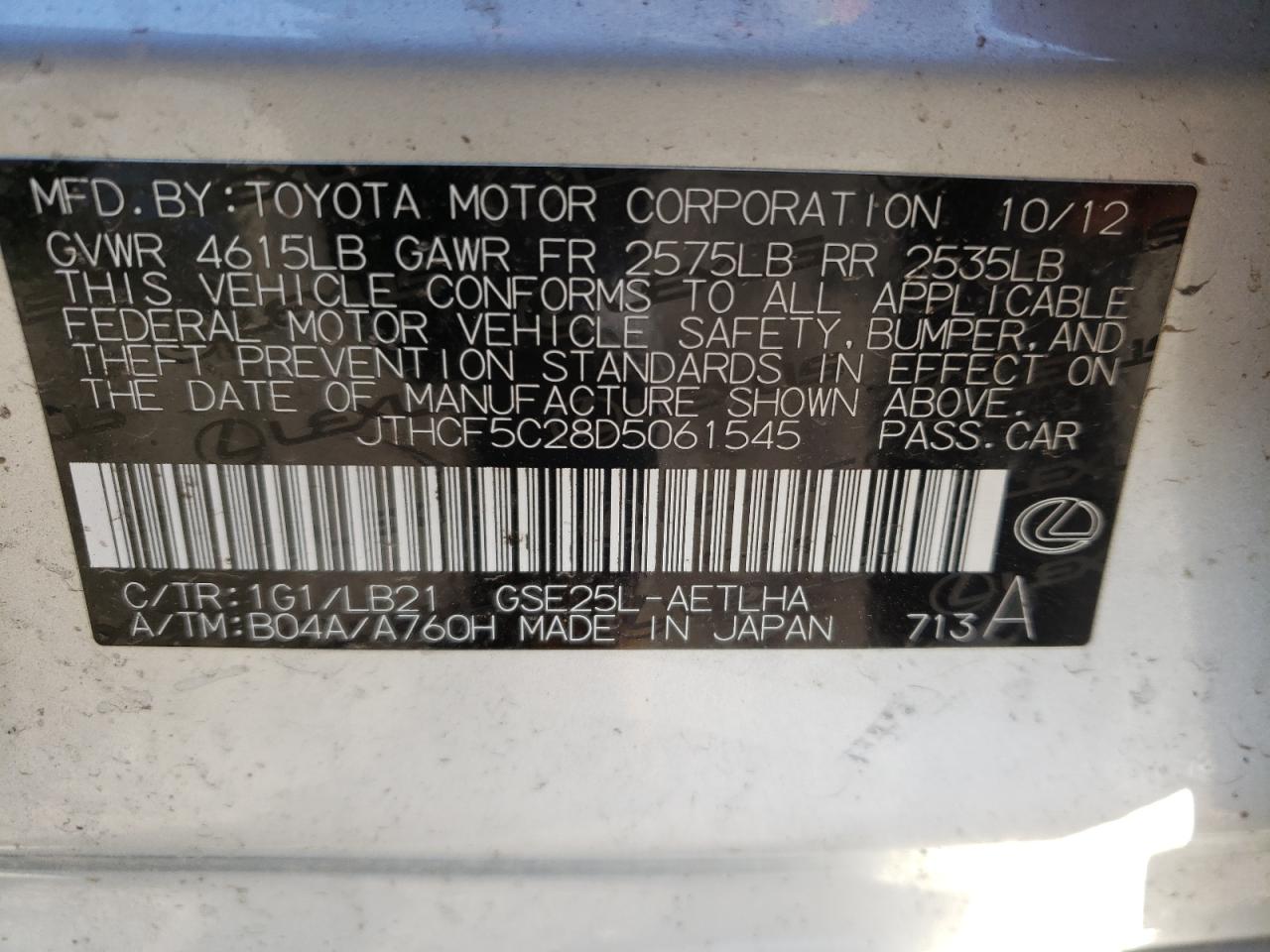 Photo 10 from auction – 2013 LEXUS IS 250 with VIN JTHCF5C28D5061545