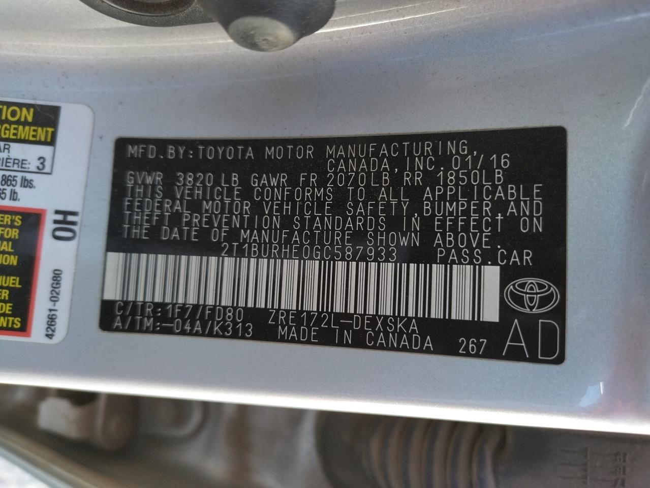 Photo 10 from auction – 2016 TOYOTA COROLLA L with VIN 2T1BURHE0GC587933