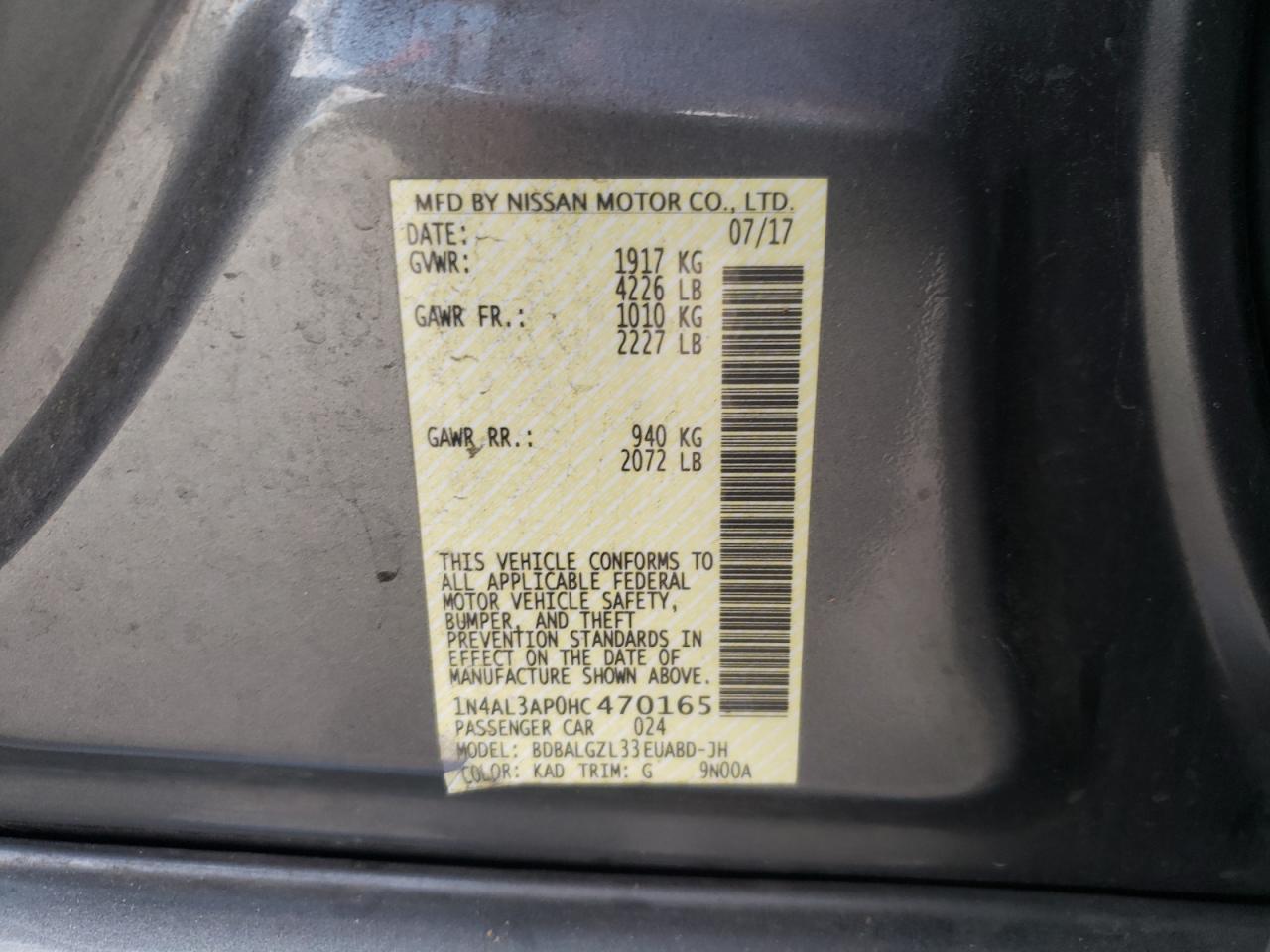 Photo 10 from auction – 2017 NISSAN ALTIMA 2.5 with VIN 1N4AL3AP0HC470165