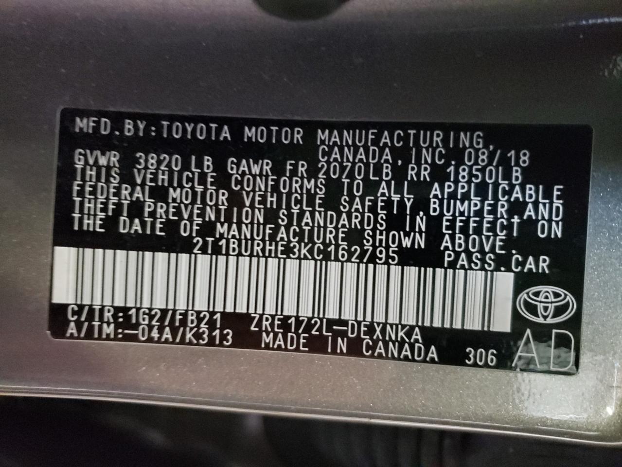 Photo 10 from auction – 2019 TOYOTA COROLLA L with VIN 2T1BURHE3KC162795