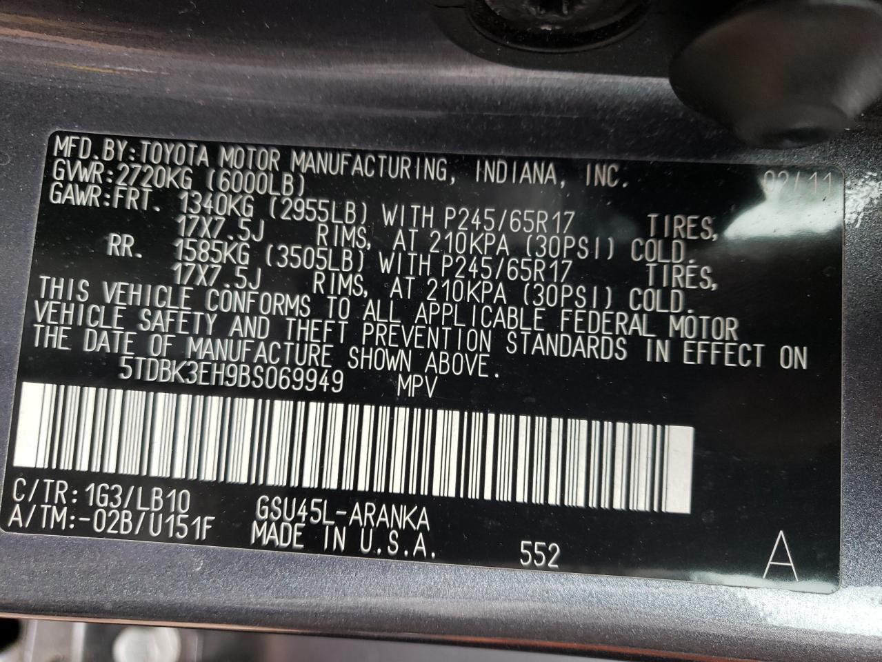 Photo 10 from auction – 2011 TOYOTA HIGHLANDER with VIN 5TDBK3EH9BS069949