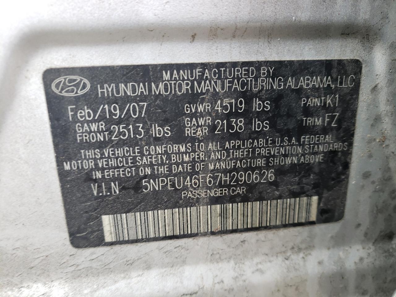 Photo 10 from auction – 2007 HYUNDAI SONATA SE with VIN 5NPEU46F67H290626