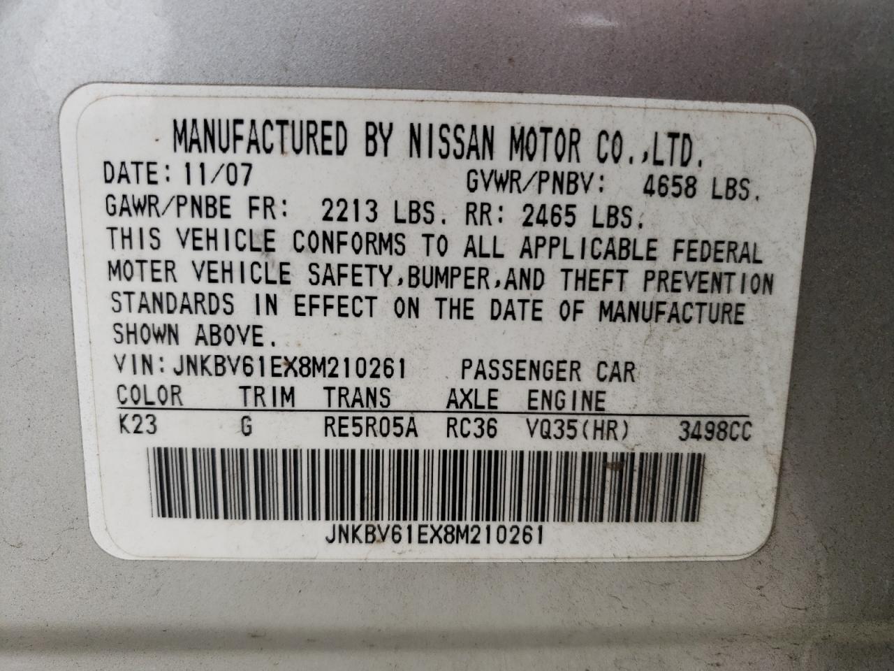 Photo 10 from auction – 2008 INFINITI G35 with VIN JNKBV61EX8M210261