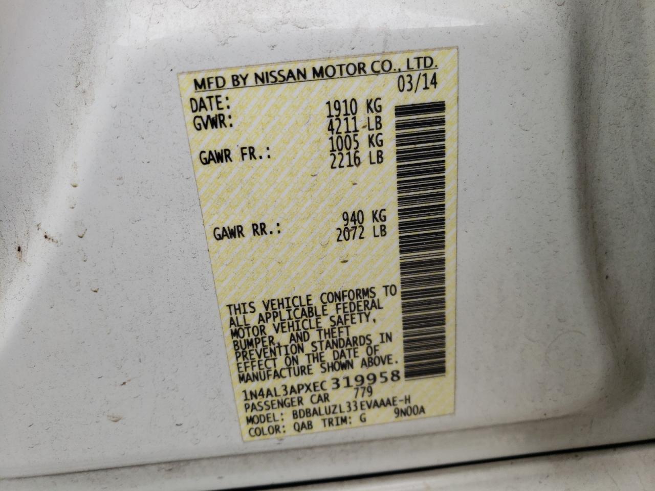 Photo 10 from auction – 2014 NISSAN ALTIMA 2.5 with VIN 1N4AL3APXEC319958