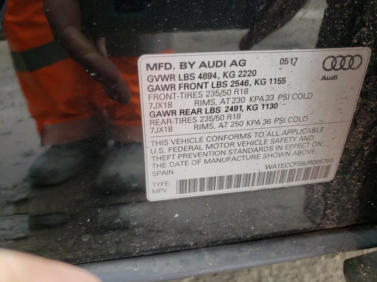 Photo 10 from auction – 2018 AUDI Q3 PREMIUM with VIN WA1ECCFS8JR005753