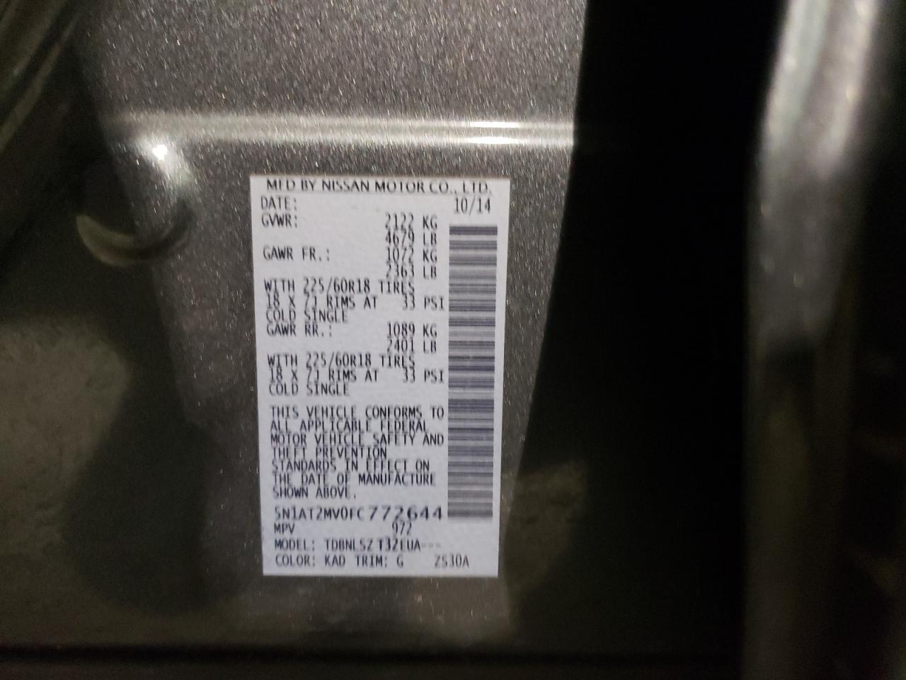 Photo 10 from auction – 2015 NISSAN ROGUE S with VIN 5N1AT2MV0FC772644