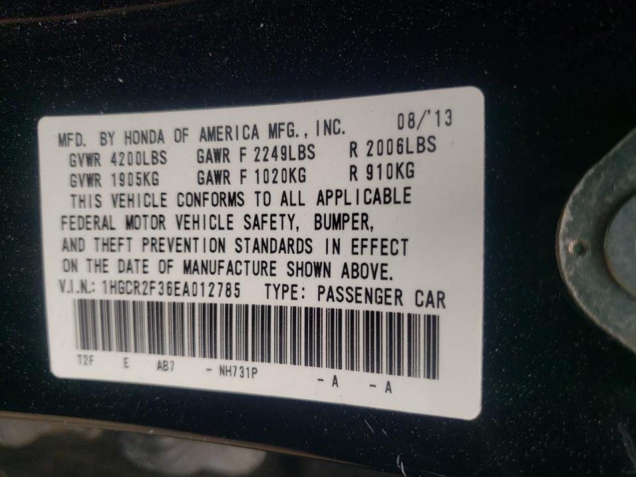 Photo 10 from auction – 2014 HONDA ACCORD LX with VIN 1HGCR2F36EA012785