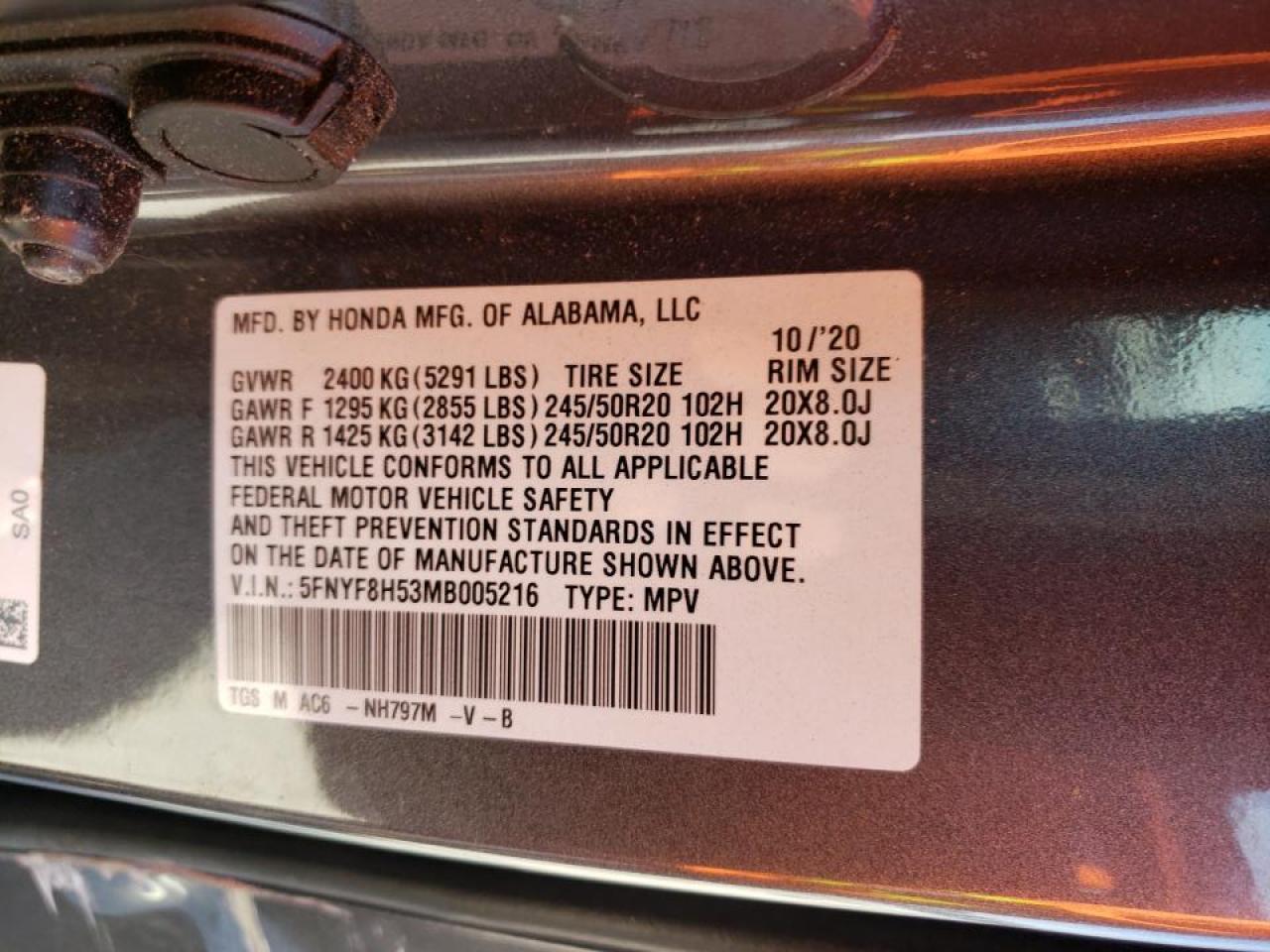 Photo 10 from auction – 2021 HONDA PASSPORT E with VIN 5FNYF8H53MB005216