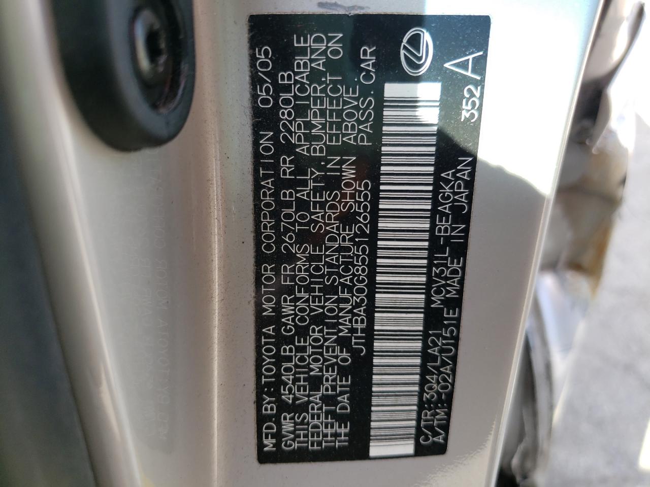 Photo 10 from auction – 2005 LEXUS ES 330 with VIN JTHBA30G855126555