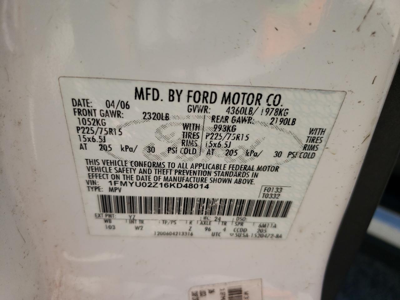 Photo 10 from auction – 2006 FORD ESCAPE XLS with VIN 1FMYU02Z16KD48014