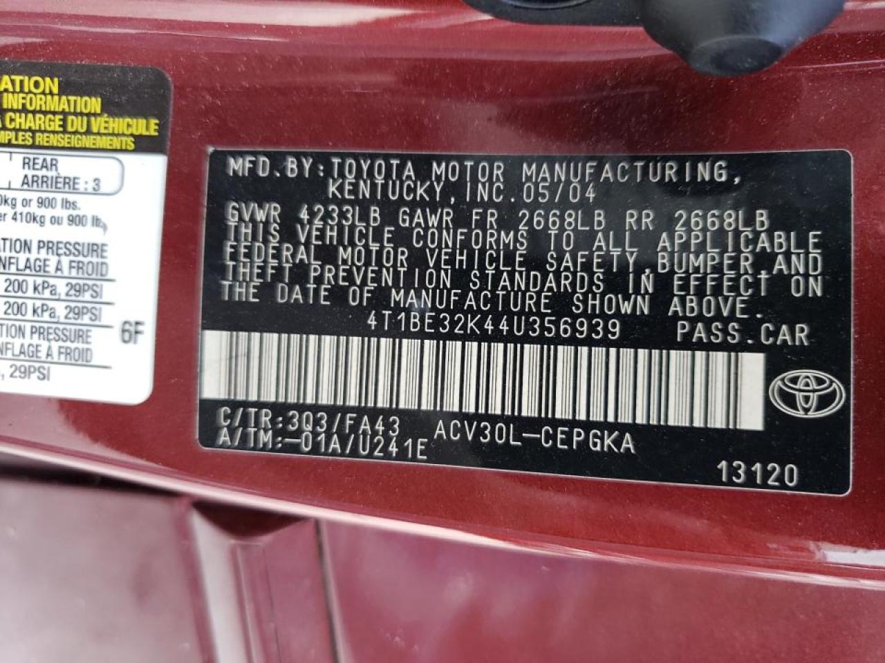 Photo 10 from auction – 2004 TOYOTA CAMRY LE with VIN 4T1BE32K44U356939
