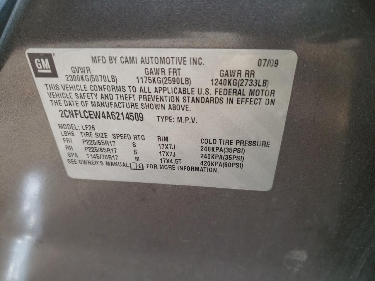 Photo 10 from auction – 2010 CHEVROLET EQUINOX LS with VIN 2CNFLCEW4A6214509