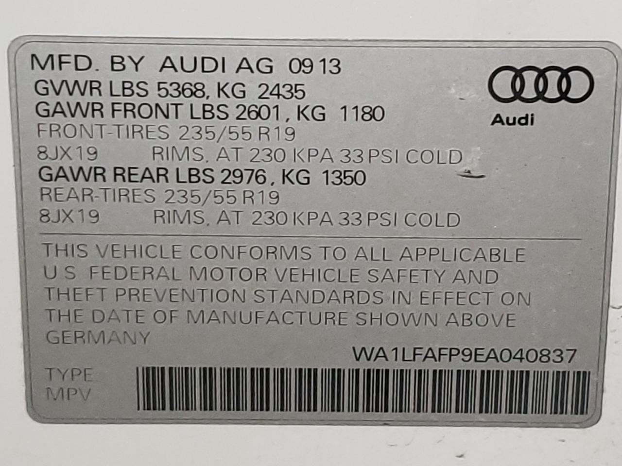 Photo 10 from auction – 2014 AUDI Q5 PREMIUM with VIN WA1LFAFP9EA040837