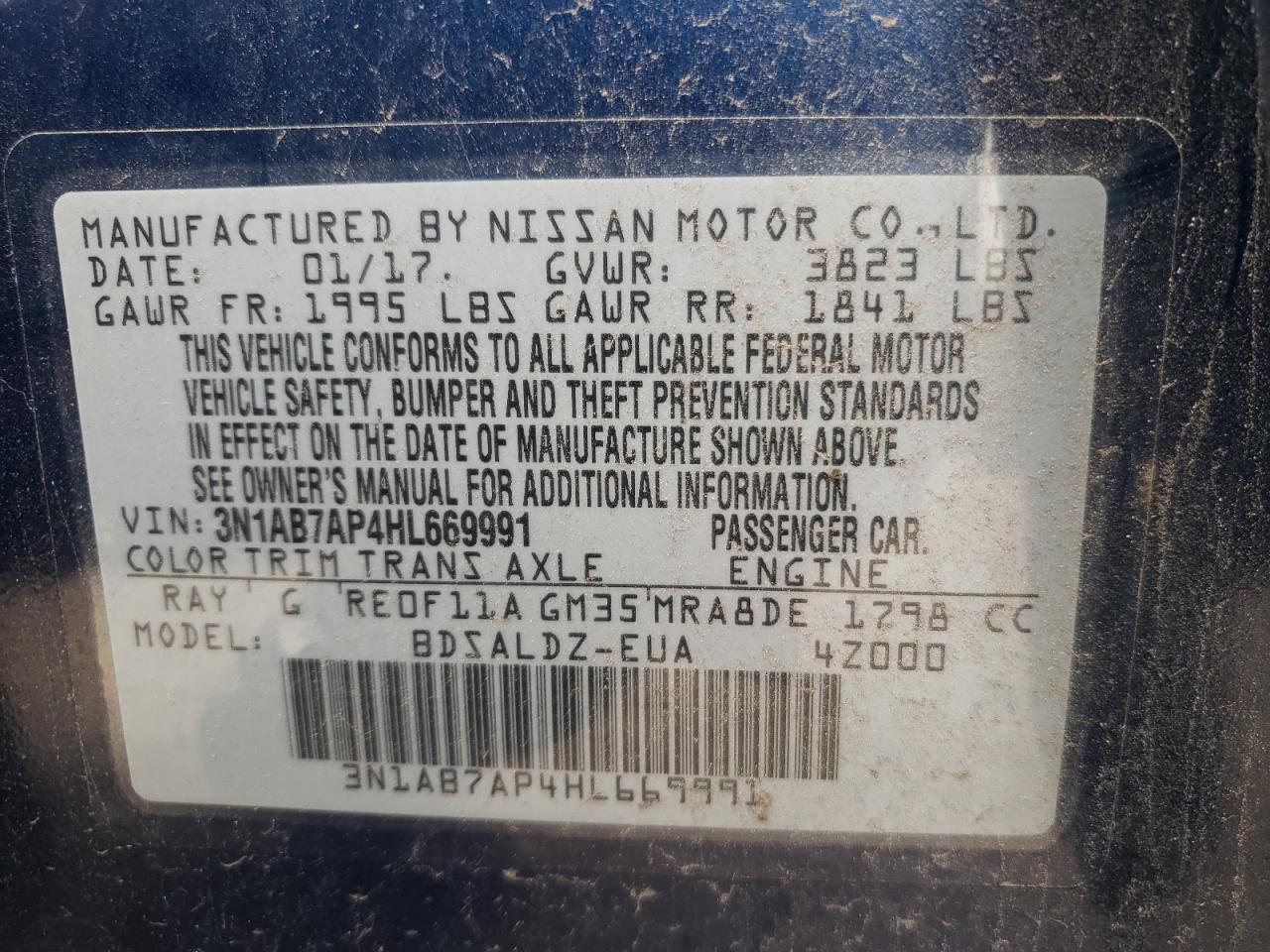 Photo 10 from auction – 2017 NISSAN SENTRA S with VIN 3N1AB7AP4HL669991