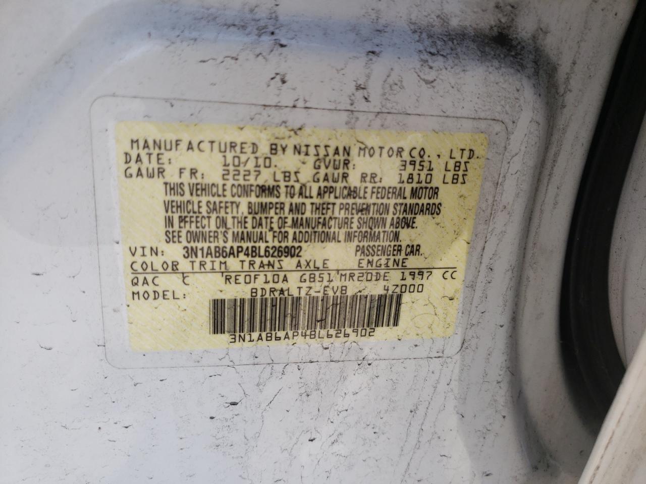 Photo 10 from auction – 2011 NISSAN SENTRA 2.0 with VIN 3N1AB6AP4BL626902