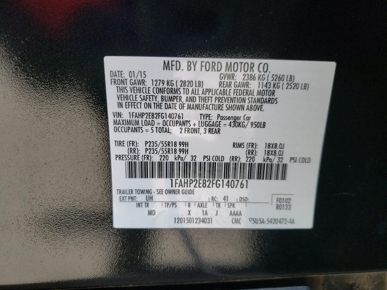 Photo 10 from auction – 2015 FORD TAURUS SEL with VIN 1FAHP2E82FG140761
