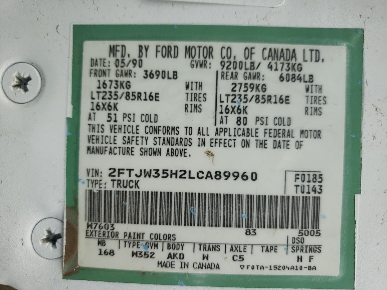 Photo 10 from auction – 1990 FORD F350 with VIN 2FTJW35H2LCA89960