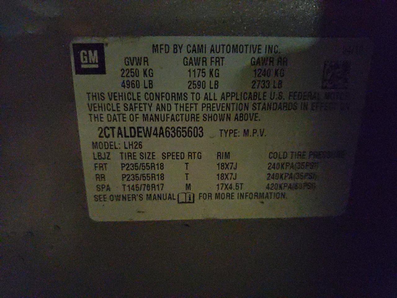 Photo 10 from auction – 2010 GMC TERRAIN SL with VIN 2CTALDEW4A6365603