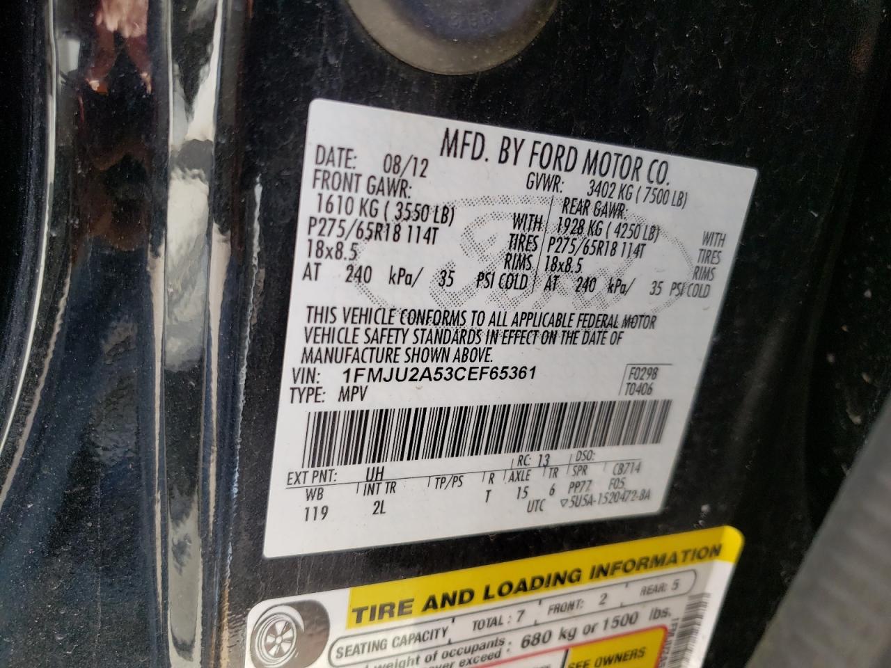 Photo 10 from auction – 2012 FORD EXPEDITION with VIN 1FMJU2A53CEF65361