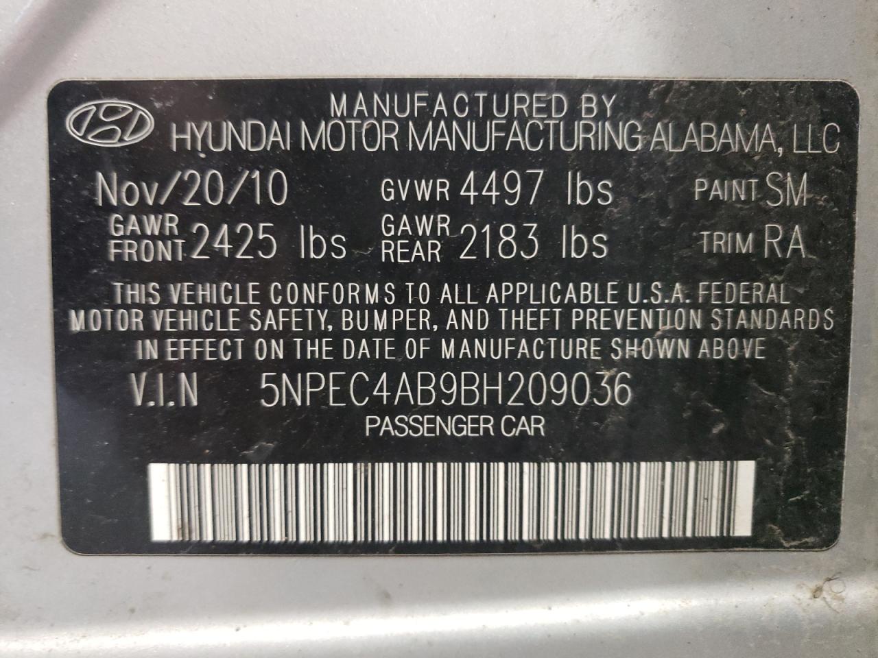 Photo 10 from auction – 2011 HYUNDAI SONATA SE with VIN 5NPEC4AB9BH209036