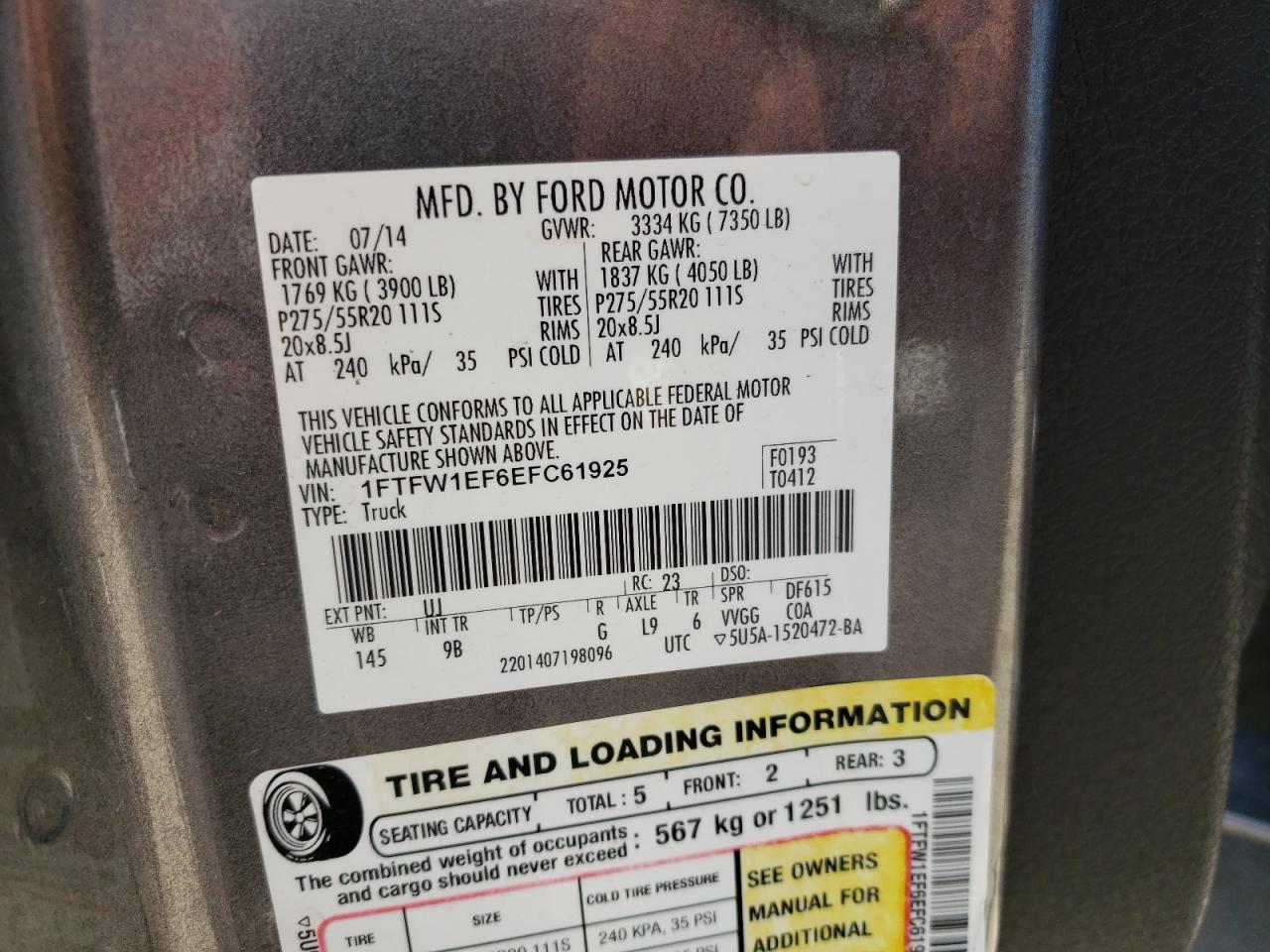 Photo 10 from auction – 2014 FORD F150 SUPER with VIN 1FTFW1EF6EFC61925