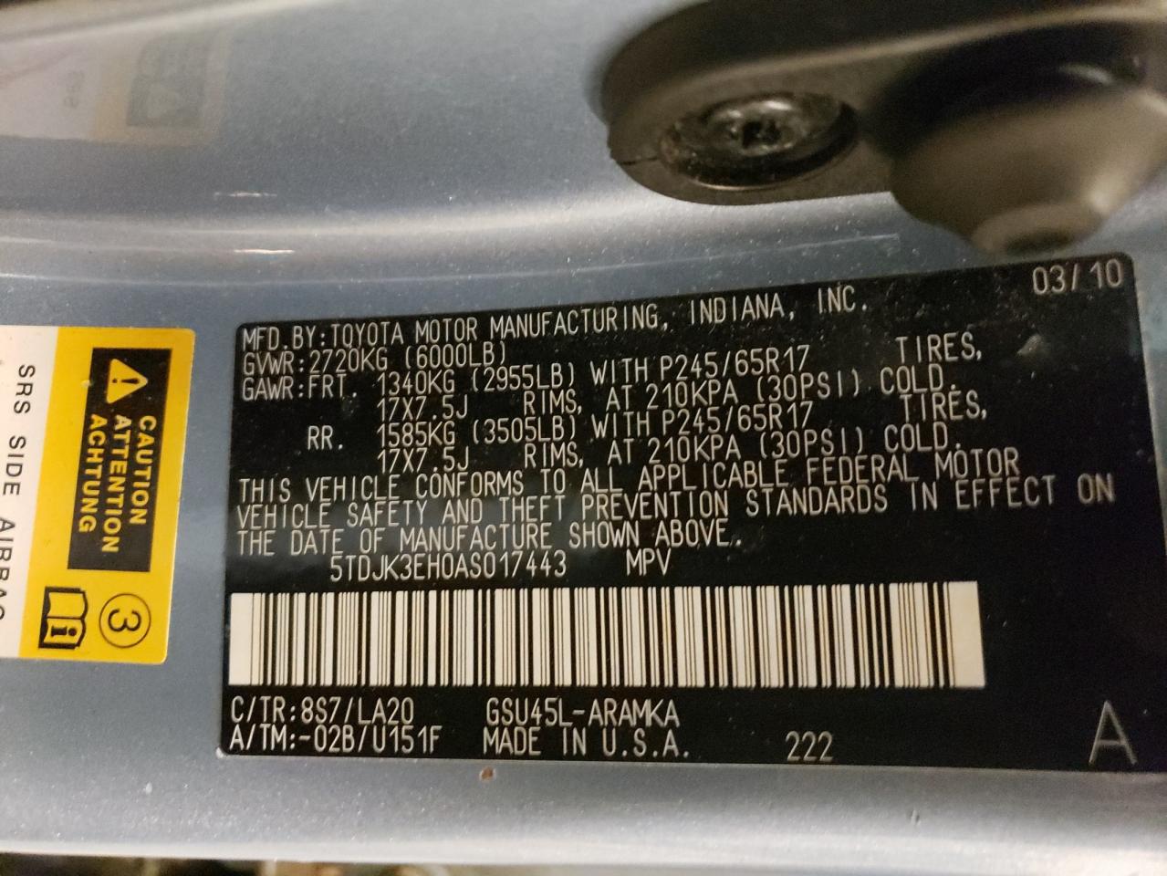 Photo 10 from auction – 2010 TOYOTA HIGHLANDER with VIN 5TDJK3EH0AS017443