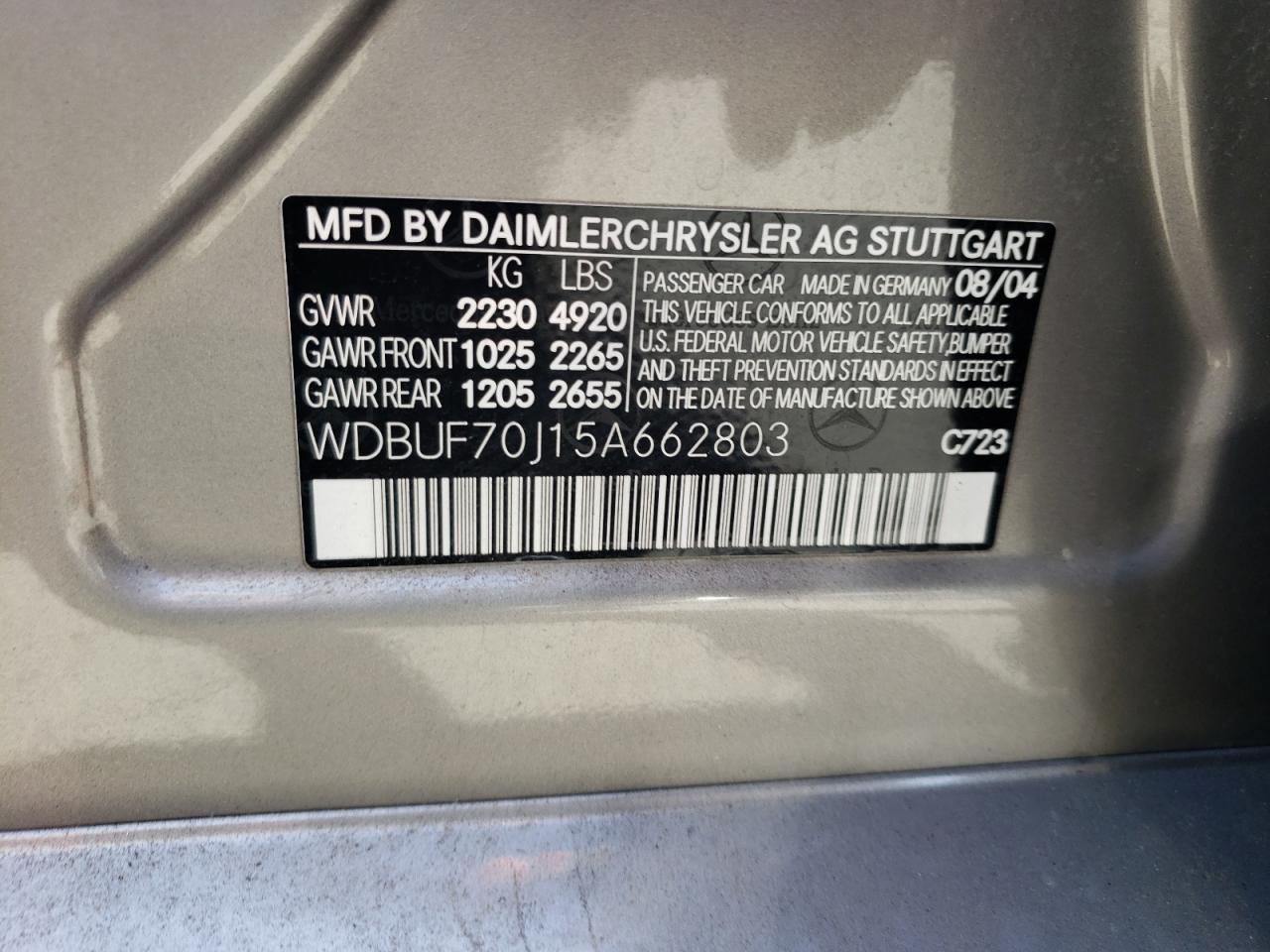 Photo 10 from auction – 2005 MERCEDES-BENZ E 500 with VIN WDBUF70J15A662803