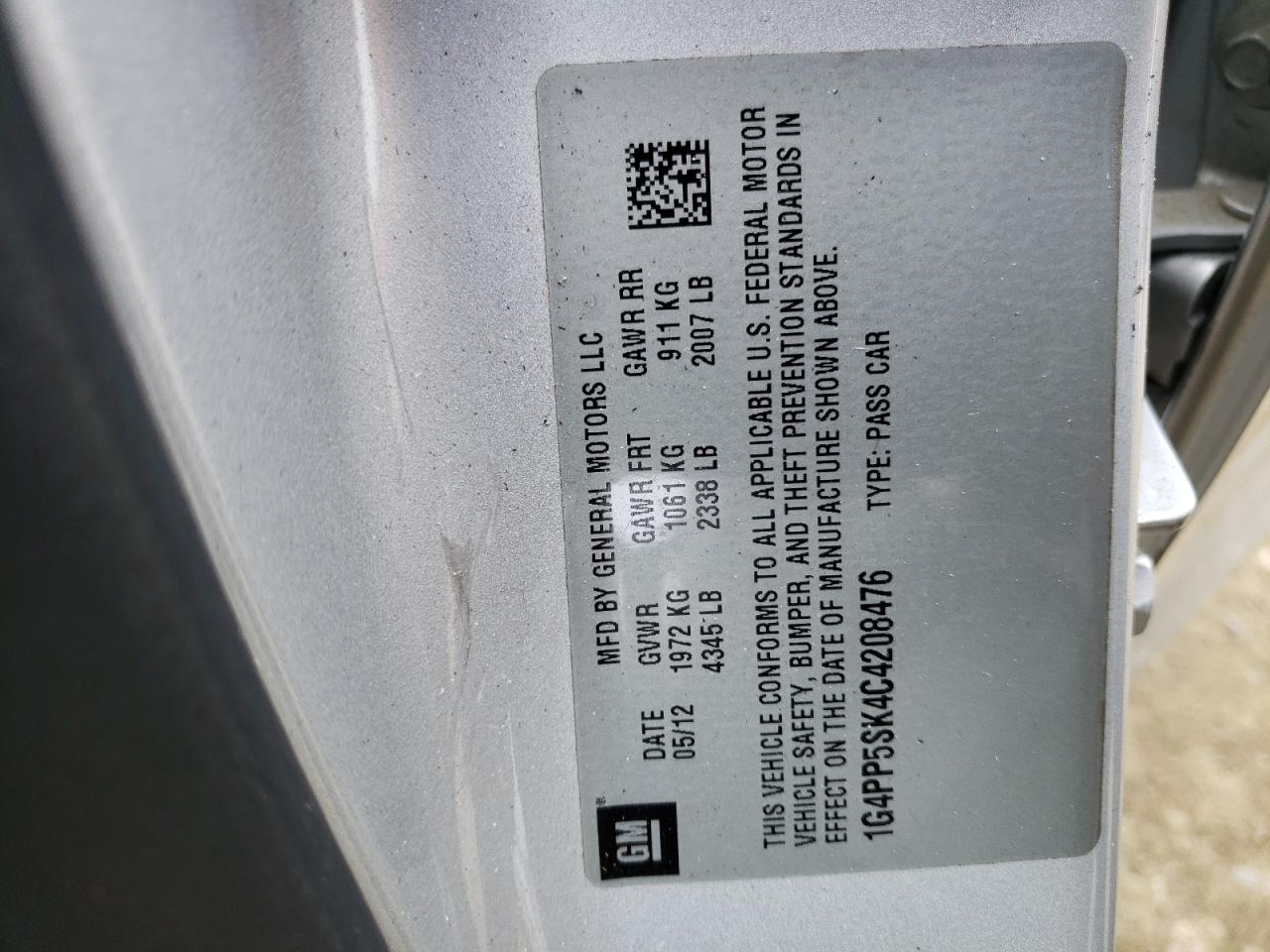 Photo 10 from auction – 2012 BUICK VERANO with VIN 1G4PP5SK4C4208476