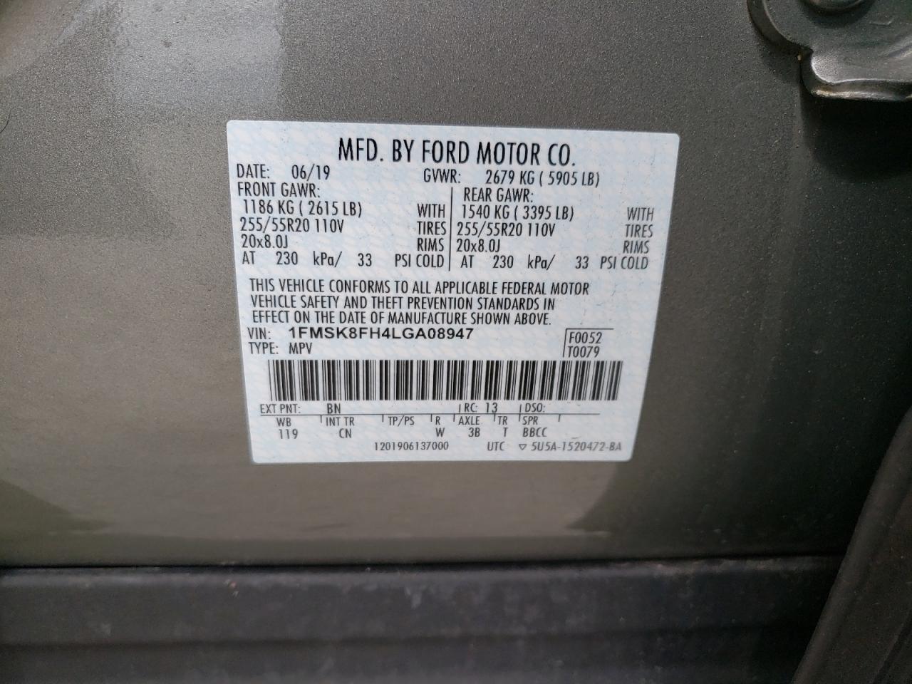 Photo 10 from auction – 2020 FORD EXPLORER L with VIN 1FMSK8FH4LGA08947