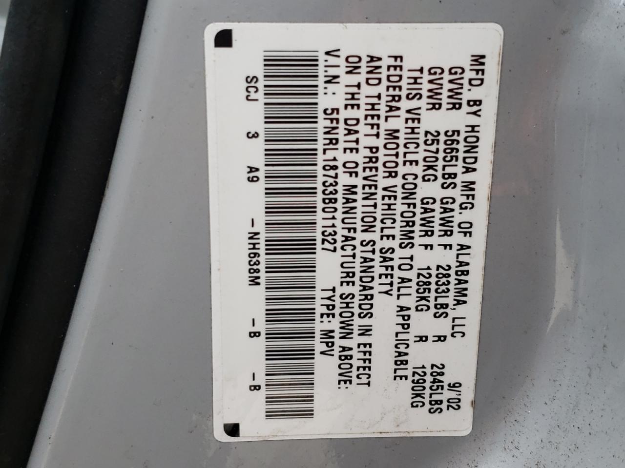 Photo 10 from auction – 2003 HONDA ODYSSEY EX with VIN 5FNRL18733B011327