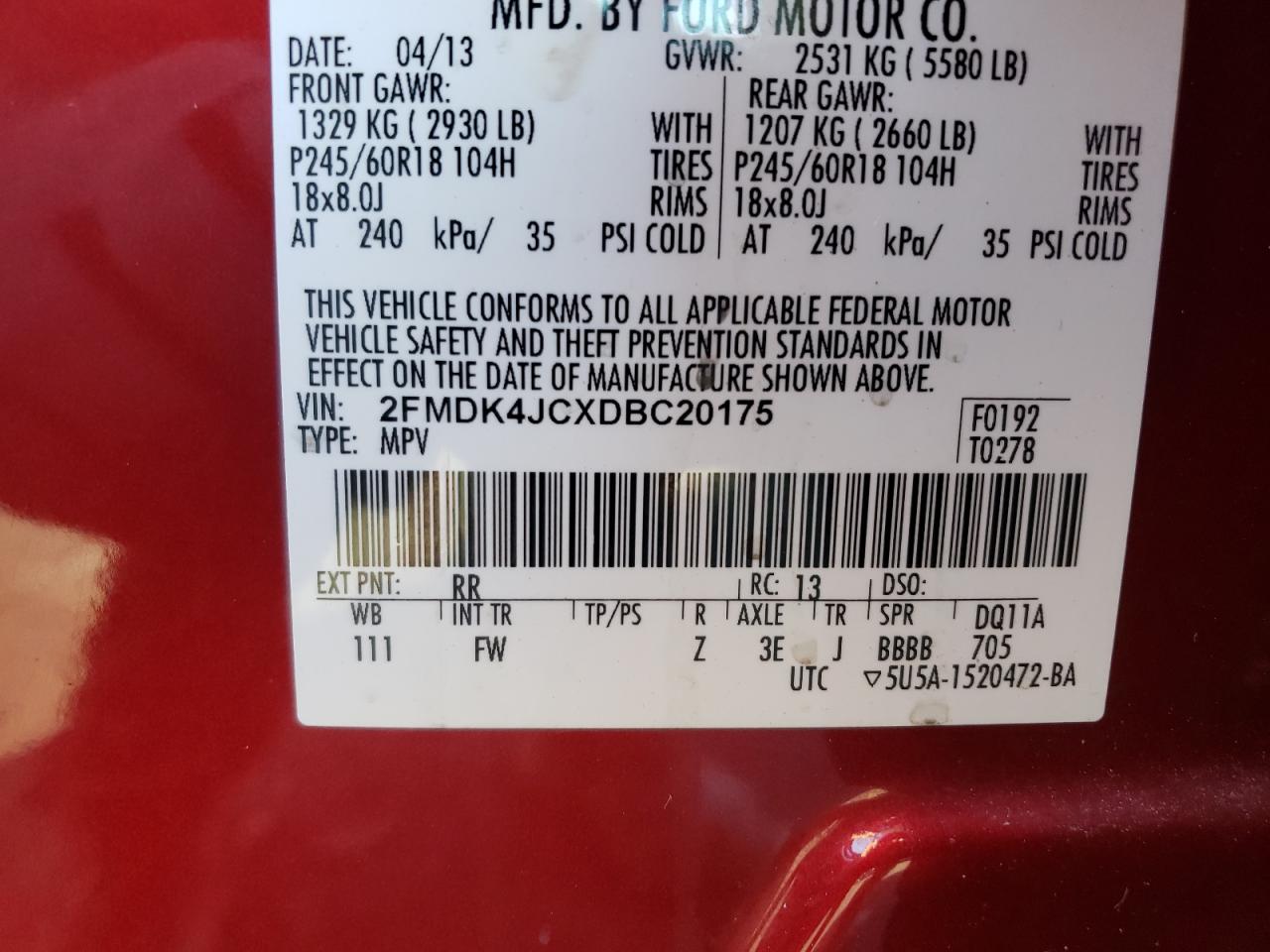 Photo 10 from auction – 2013 FORD EDGE SEL with VIN 2FMDK4JCXDBC20175